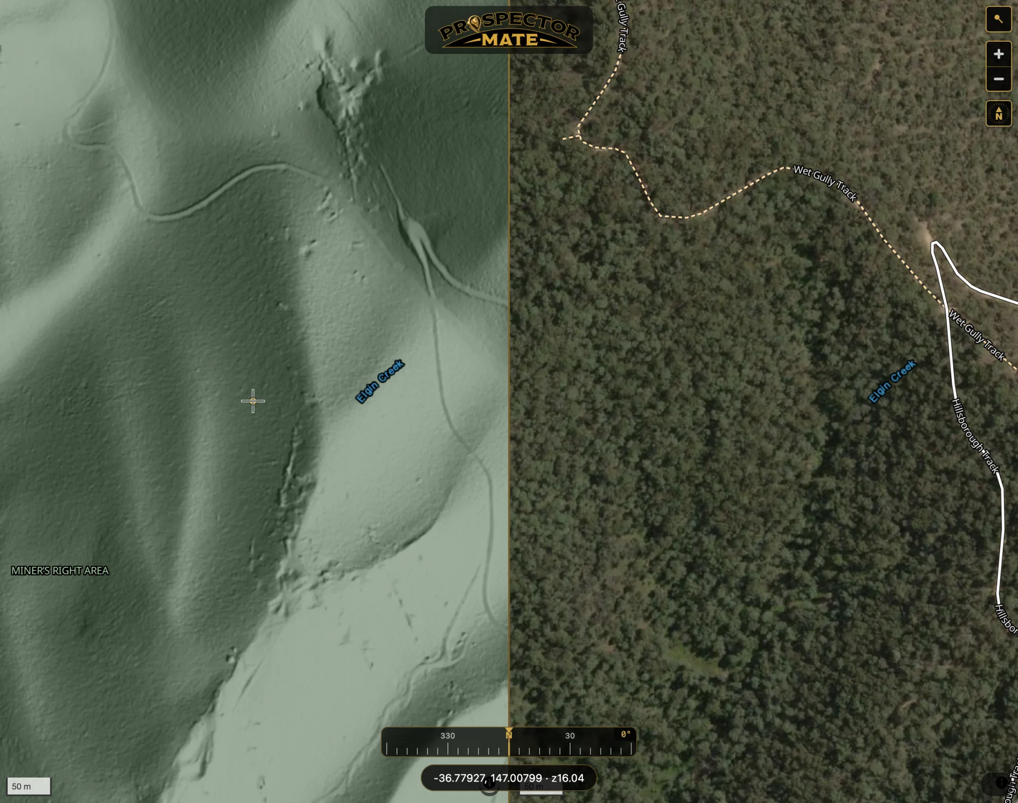 The Web Map Viewer split in two: Bare Ground LiDAR relief of a forested gully with old workings and races showing on the left, satellite imagery of the same ground, hidden under tree cover, on the right.