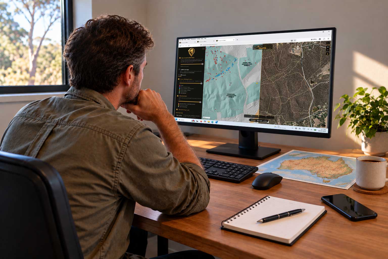 A prospector at a desk studying the Prospector Mate Web Map Viewer on a monitor, LiDAR relief and mining features on the left, satellite imagery on the right.